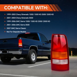 Aritoxy Tail Light Housing Compatible with 1999-2002 Chevy Silverado 1500 2500 3500 99-06 GMC Sierra,Right Passenger Side Rear Brake Lamp,TailLights Replace GM2801186,GM2801173 (No Bulbs/Harness)