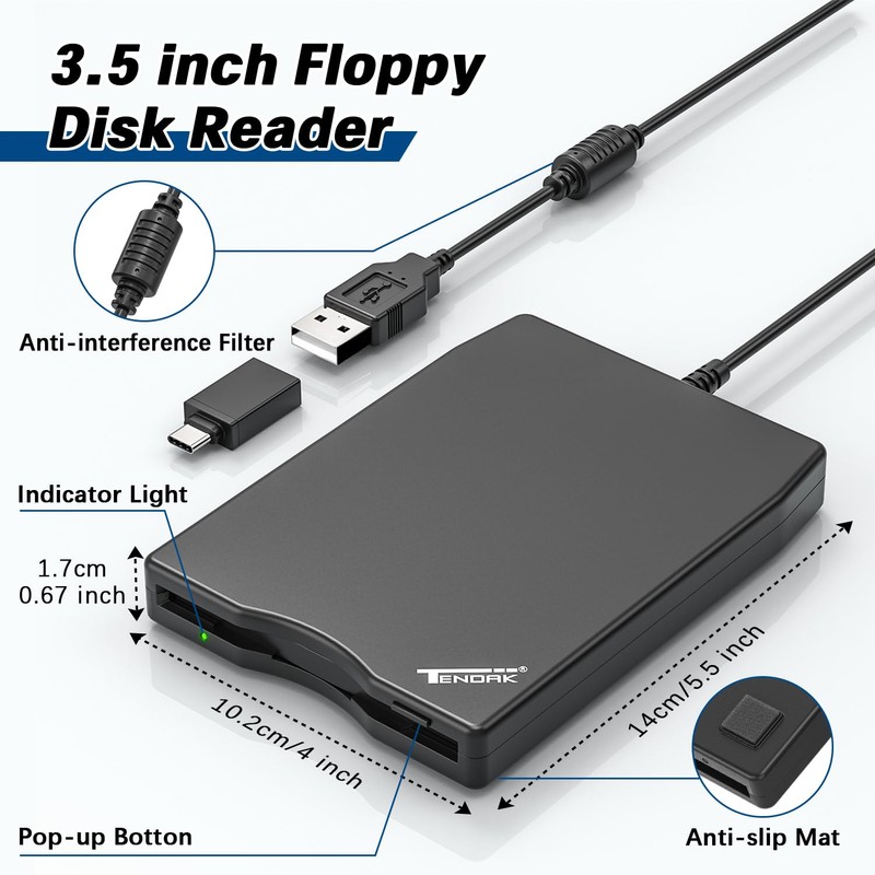 Tendak USB Floppy Disk Drive, Floppy Disk Reader 3.5 inch