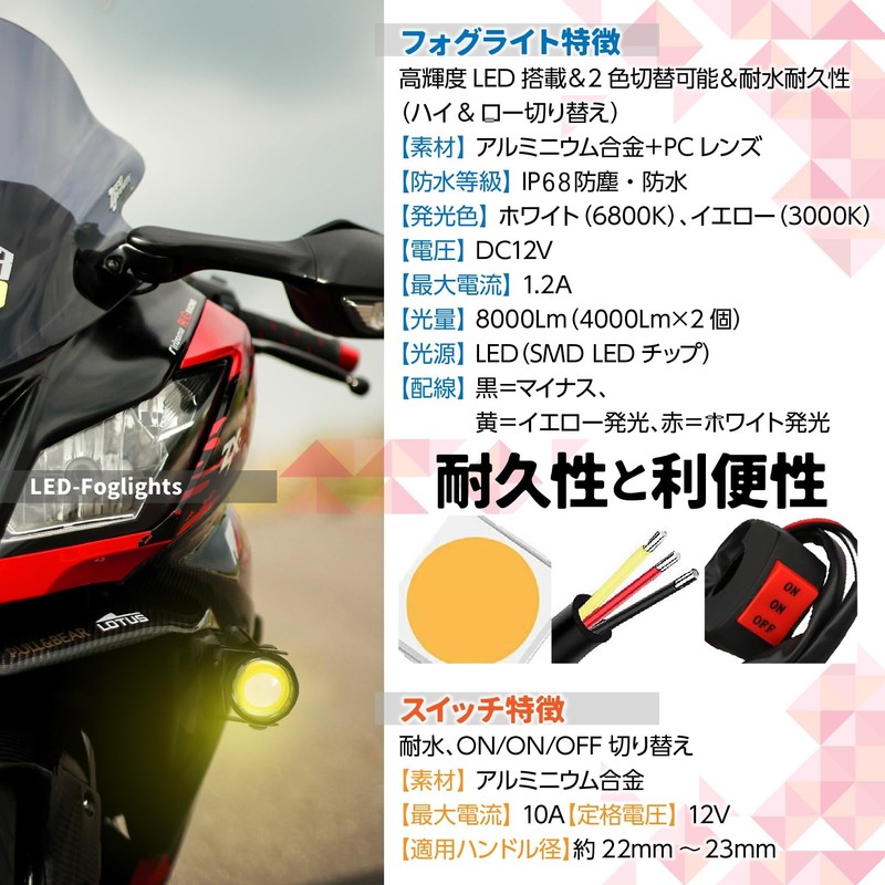 PIENSE Motorcycle Fog Light with 2 LEDs/Switch Included, Small, Waterproof,