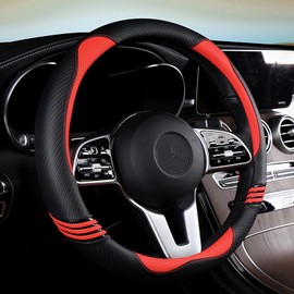 Iwantit® Steering Wheel Cover, Carbon Fiber&Perforated Pu Leather with Anti-Slip Rubber Ring, Steering Wheel Protector, Universal Fit 14.5-15 inches for Cars,SUV (Passion Red)