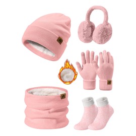 UMIPUBO Hat Scarf Gloves Women's Winter Set Winter Hat Fleece Lined Beanie Loop Tube Scarf Warmer Touchscreen Plush Ear Warmers Thickened Earmuffs Socks Set of 5, pink