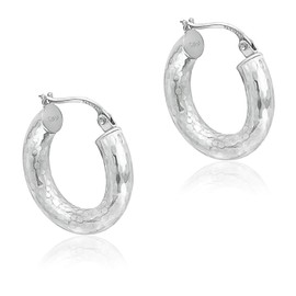 Sterling Silver 4mm Diamond-Cut Round Hoop Earrings, 15mm-50mm (25mm - 1" - Silver)