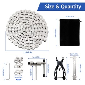 VINEST Fahrradketten, 6/7/8 Fach Fahrrad Kette, Rostfreie Kette Fahrrad, Fahrradkette Werkzeug Set mit Paar Kettenschloss Kettenschloss Zange Kettenbrecher & für Mountainbike(1/2×3/32in 116 Glieder)