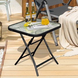 Tangkula Patio Bistro Table, 18" Square Glass Top Side Table with Rustproof Frame, Folding Coffee Table for Patio, Balcony, Backyard, Poolside(Black)