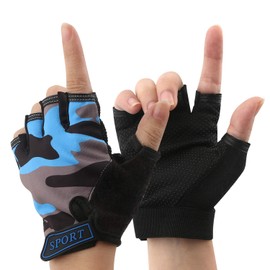 NATURE Ann Boy Girl Child Children Kid Half Finger Fingerless Short Shock-Absorbing No-Slip Pro Cycling Gloves Mitten for Cycling Exercise Skate Skateboard Roller Skating Other Sports (Blue+Grey)