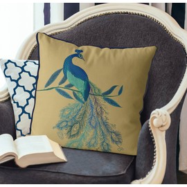 Kelly Stevens-McLaughlan, Peacock with Doodle Tail on Gold Cushion / Pillow Cover, Zippered Base, Full Piping, 18 Inches x 18 Inches