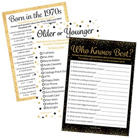 DISTINCTIVS Birthday Party Games - Born in The 1970s Black and Gold Birthday Game Bundle - 45th or 50th Birthday - Set of 3 Games for 20 Guests