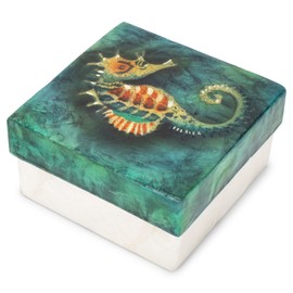 Cottage Garden Hand Painted Iridescent Capiz Shell Square 3 x 3 inch Keepsake Decorative Memory Trinket Jewelry Ring Earring Necklace Organizer Vintage Box with Lid, Dark Green Seahorse