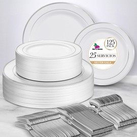 Vajilla Reutilizable Premium Color Plata 125 Piezas: 50 Platos con Orilla Plateada, 25 Cucharas Plateadas, 25 Tenedores Plateados, 25 Cuchillos Platea