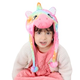 MICHLEY Plush Kawaii Super Soft Warm Hats with Ear Flaps for Kids, Cozy Fleece Winter Hat for Kids and Children-Rainbow Unicorn
