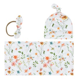 Newborn Swaddle Blanket Headband Hat Set Baby Girl Print Receiving Blanket New Born Hospital Outfit Infant Shower Gift 0-3 Months (Spring Flowers)