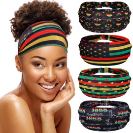 Wavyknot 4 Pack Juneteenth Wide Headbands African Green Headband Knotted Elastic for Wicking Exercise Fitness Running Yoga