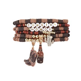 Cowgirl Cowboy Howdy Letter Charms Bracelet Cowboy Hat Boot Horseshoe Cactus Multi-layer Bracelets for Women Men Western Wristlet Set Country Concert Party Jewelry-Brown A