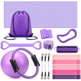 RoundFunny Set of 18 Pilates Ring Essential Kit for Women Pilates Ring and Ball Ankle Resistance Band Yoga Strap Socks Mat Arm Stretcher Latex Tube Gym Back Bag Exercise Equipment for Workout (Purple)