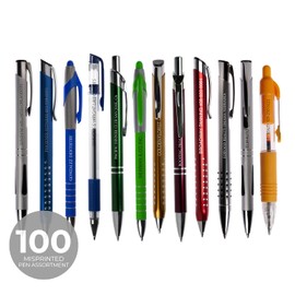 Misprinted Pen Assortment / 100 Count Misprinted Pens/Bulk Lot Variety Of Black And Blue Ink Pens/Printed In The USA 100 Count (Pack of 1)