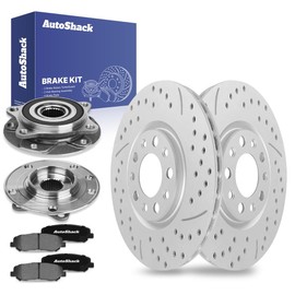 AutoShack Front Drilled & Slotted Brake Rotors Ceramic Brake Pads Wheel Bearing Hub Assembly | Replacement for Chrysler 200 2013-2016 Dodge Dart V6 | Silver Coated | 8-PC Brake Kit | TurboGuard