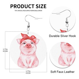 Swono Pig Round Faux Leather Earrings for Women Funny Cartoon Pig Wearing Red Bandana Lightweight Double-Side Printed Drop Dangle Earring for Birthday Party Gift