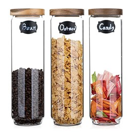 Homtop Glass Storage Containers Set of 3, 54 OZ High Borosilicate Glass Jars with Wooden Lids Kitchen Food Canisters s for Coffee Beans/Sugar/Noodles/Nuts/Cookies/Pasta