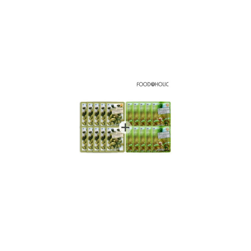 (20 sheets/Olive + Snail) Food 3D Natural Essence Mask Pack