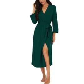 PrinStory Women's Bathrobe, Lightweight, 3/4 Sleeve, Dressing Gown, V-Neck, Kimono Robe, Long Sleepwear, dark green
