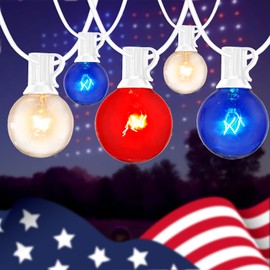 25FT Outdoor Red White Blue String Lights, G40 4th of July Decorations Light with 27 Globe Bulbs, Waterproof Hanging Outdoor Lights for Patriotic Memorial Day Backyard, Porch, Balcony, Holiday Party