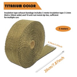 HSUYUN Hitzeschutzband Auspuff, 50 mm x 5 m Auspuffbandage, Titanfarben Auspuff Hitzeschutzband, mit Metallkabelbindern Motorrad Auspuffisolierung - für Befestigung von Autowärmeisolierungen