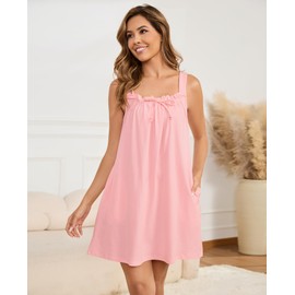 Namatime Cotton Nightgowns for Women Sleeveless House Dress Ruffle Nightshirt Wide Strap Sleep Shirts Sleepwear with Pockets Summer Babydoll Dress Large Pink