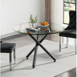 40'' Round Glass Dining Table,Modern Kitchen Table for 2-6 People,Dining Room Table with Tempered Glass Top and Metal Legs,Leisure Tea Coffee Table for Living Room,Dining Room (Black-4)