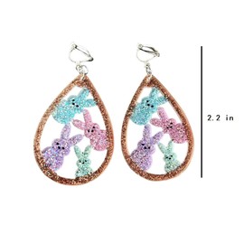 Easter Bunny Earrings Gifts for Women Clip on Dangle Earring Non Pierced Glitter Acrylic Sparkle Colorful Rabbit Spring Christian Baptism Holiday Party Festive Jewelry-A