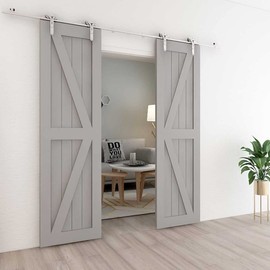 CCJH 8FT Stainless Steel Sliding Door Hardware Kit Heavy Duty and Smoothly Wooden Barn Door Kit fit for 24" Wide Double Door, Y Shaped