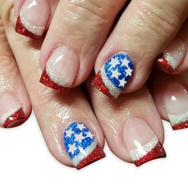24Pcs Independence Day French Tip Press on Nails Short Square Fake Nails with Blue and Red Glitter Designs Glue on Nails False Nails Stripe French 4th of July Nails for Women Acrylic Nails Decoration