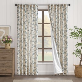Lazzzy Blue Floral Curtains 84 Inch Length Linen Farmhouse Back Tab Drapes for Living Room Bedroom Light Filtering Vintage Rod Pocket, 2 Panels, Blue on Beige