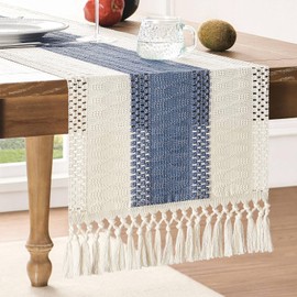 ZeeMart Macrame Style Bicolor Stitching Table Runner, 14 x 72 Inch Blue/Ivory, Boho Blue Table Runners 72 Inches Long, Farmhouse Woven Home Decor