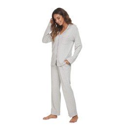 HEARTNICE Womens Pajama Set, Soft Long Sleeve Pajamas & Long Pants with Pockets, Warm Button-up Sleepwear Lightweight Lounge Pjs (Grey Mel, 2XL)