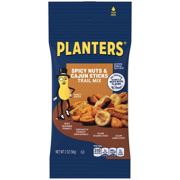 PLANTERS Spicy Nuts & Cajun Sticks Trail Mix with Spicy Peanuts, CORN NUTS Corn Kernels & Cajun Sesame Corn Sticks, 2 oz Bag (Pack of 72)
