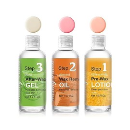 3 Bottles Hair Removal Waxing Care Kit for Women, Pre Wax Chamomile Cleanser, Almond Oil Wax Residue Remover, Post Wax Aloe Vera Soothing Gel, Before and After Waxing Care
