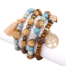 ZKGYUS Boho Bracelets Wooden Beads Tassel Bracelet, Chakra Bracelet for Women, Natural Crystal Healing Stones Bracelet, Women Tree of Life Charm Statement Bangles