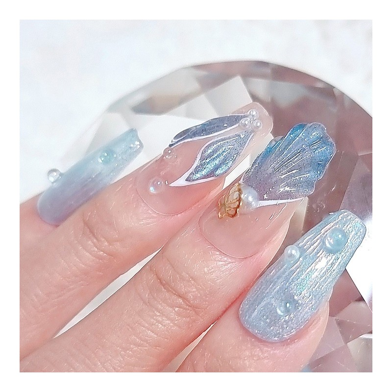 Whale Tail Blue Handmade Nail Tips - Stiletto / 웨일테일