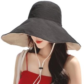 Aquamie Women's Summer Hat, Wide Brim, Foldable, Sun Protection, UV Protection, Includes Chin Strap, Cotton, Reversible, Black, 58 cm