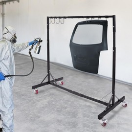 Pinelicorn Automotive Painting Rack Adjustable Height 5ft-7ft, Adjustable Length 4.99-5.9ft, Auto Body Stand for Painting Drying with 8 Hooks & 4 Swiveling Wheels (Black)