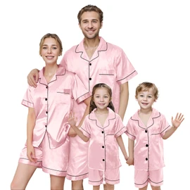 IFFEI Matching Family Silk Pajamas Set Satin Button Down Loungewear 2 Piece Top and Shorts Pjs for Couples with Pocket Women Medium Pink