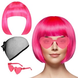 COWANIEE Pink Bob Wigs for Women with Sunglasses and Wig Cover Set, Pink Short Wig