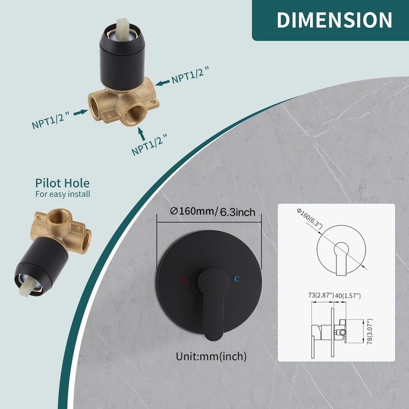 Matte Black Single Function Shower Valve Kit - Wall Mount