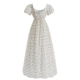 Fiamll Women's Regency Dresses for Women Empire Waist Floral Regency Era Dress Long Tee Party Dress Renaissance Costume, White, L