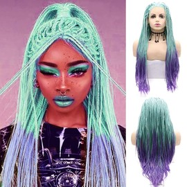 Braided Wigs for Black Women Blue Green Purple Handmade Box Braids Lace Front Wig Long Ombre Colorful Cornrow Micro Braid Wig Realistic Glueless Synthetic Heat Resistant Hair Makeup Drag 26 Inch