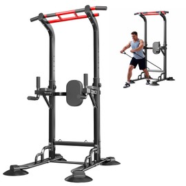 SogesPower Power Tower Pull Up Bar Station, Adjustable Height Pull Up Bar Stand for Home Gym, Multi-Function Pull Up Dip Station Dip Bar Strength Training Fitness Equipment, 500LBS, Black with Resistance Bands