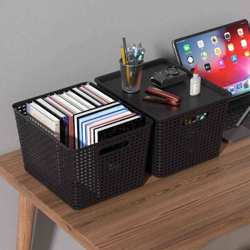 Innouse Plastic Organizing Baskets with Lids, Black Woven Storage Baskets,