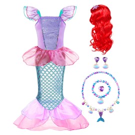RuuYiicoco Princess Mermaid Costume for Girls Party Dress up with Wig Crown Jewelry (7-8 Years, Pink)