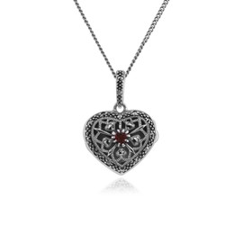 925 Sterling Silver Garnet & Marcasite Heart Locket Necklace