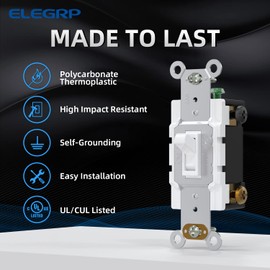 ELEGRP 4 Way Toggle Light Switch, 15 Amp, 120-277V, Toggle Framed AC Quiet Switch, in Wall On/Off Switch, Self-Grounding, Residential and Commercial Grade, UL Listed (10 Pack, Glossy White)